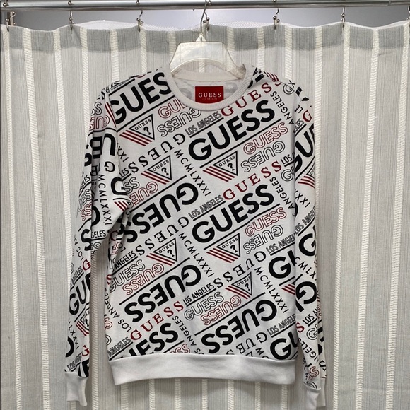 Guess White Crewneck Long Sleeve with All Over‎ GUESS Print Men’s Size S - Picture 1 of 5